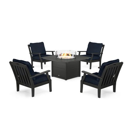 POLYWOOD Yacht Club 5-Piece Deep Seating Set with Square Fire Pit Table in Charcoal Black / Marine Indigo