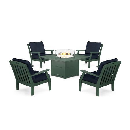 POLYWOOD Yacht Club 5-Piece Deep Seating Set with Square Fire Pit Table in Rainforest Canopy / Marine Indigo
