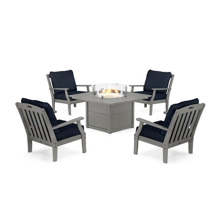 POLYWOOD Yacht Club 5-Piece Deep Seating Set with Square Fire Pit Table in Stepping Stone / Marine Indigo
