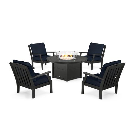 POLYWOOD Yacht Club 5-Piece Deep Seating Set with Round Fire Pit Table in Charcoal Black / Marine Indigo
