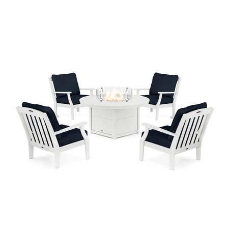 POLYWOOD Yacht Club 5-Piece Deep Seating Set with Round Fire Pit Table in Classic White / Marine Indigo