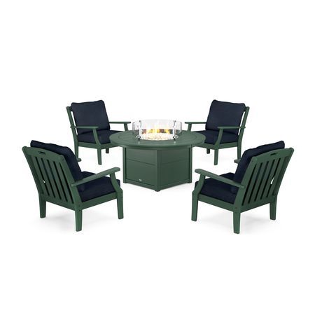 POLYWOOD Yacht Club 5-Piece Deep Seating Set with Round Fire Pit Table in Rainforest Canopy / Marine Indigo