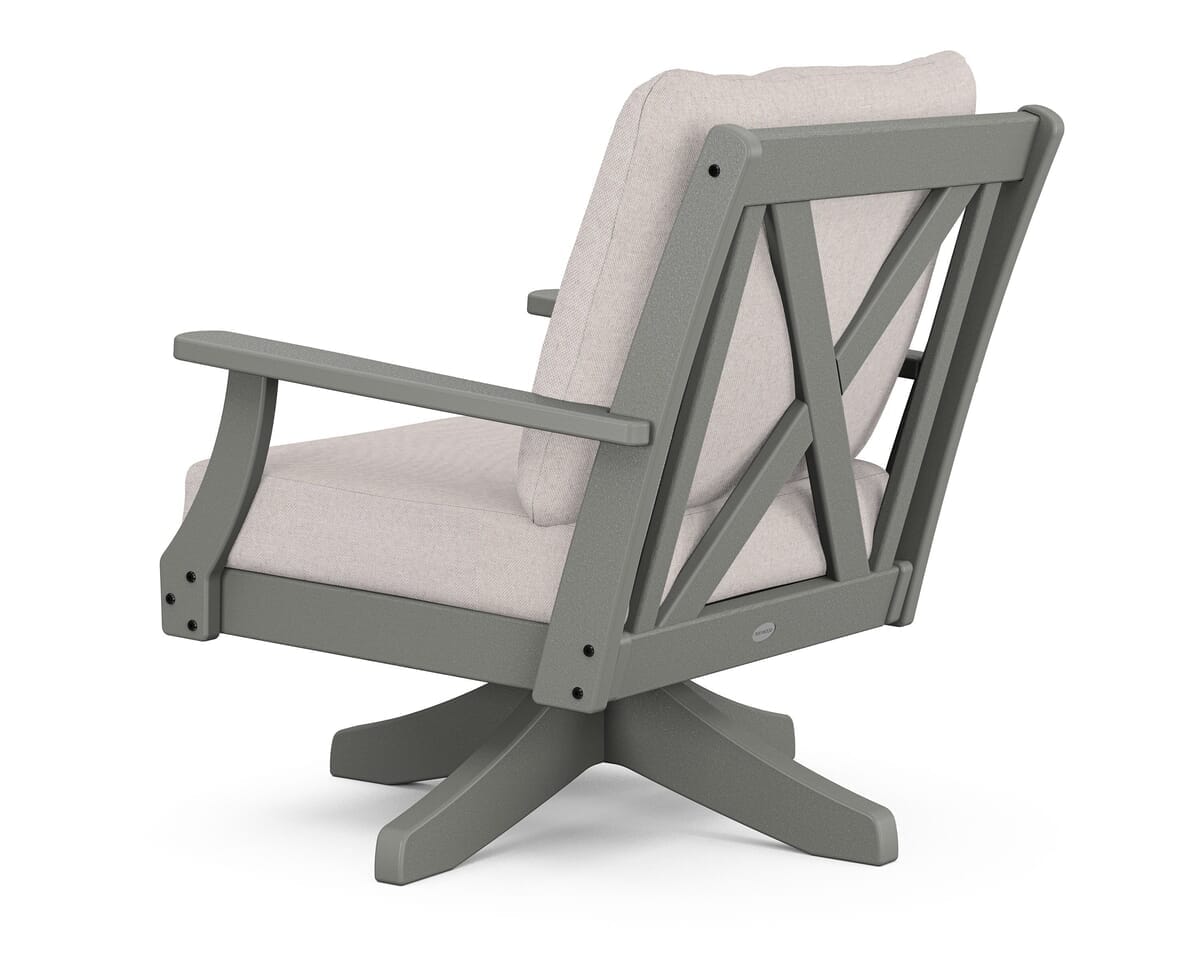 POLYWOOD Braxton Deep Seating Swivel Chair in Mahogany/Trellis Marine Indigo - Outdoor Furniture, image size:1200x960