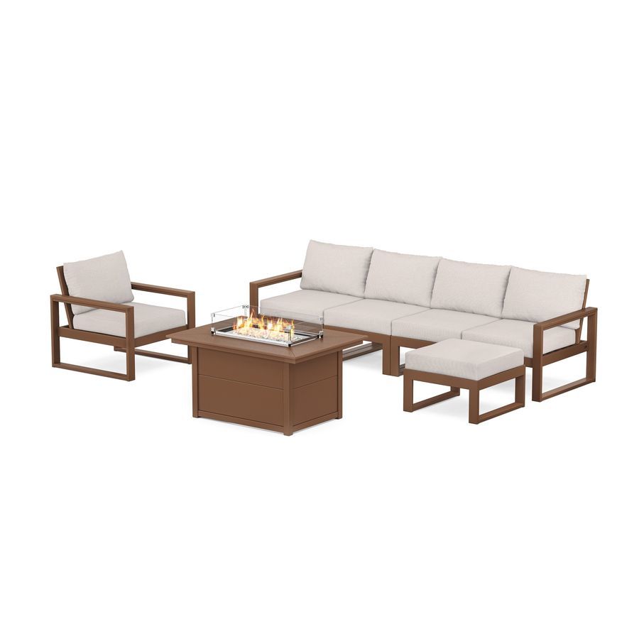 POLYWOOD EDGE Sectional Lounge and Fire Pit Set in Teak / Dune Burlap