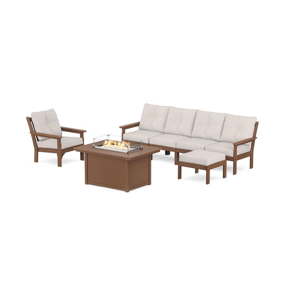 POLYWOOD Vineyard Sectional Lounge and Fire Pit Set in Teak / Dune Burlap