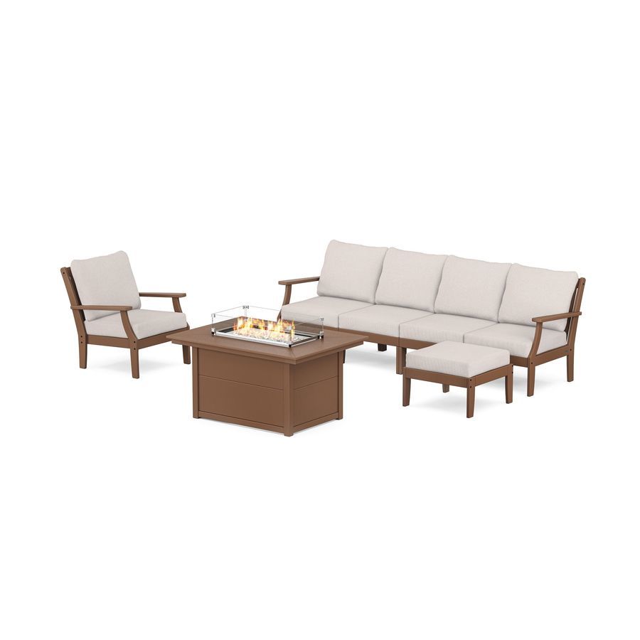 POLYWOOD Braxton Sectional Lounge and Fire Pit Set in Teak / Dune Burlap