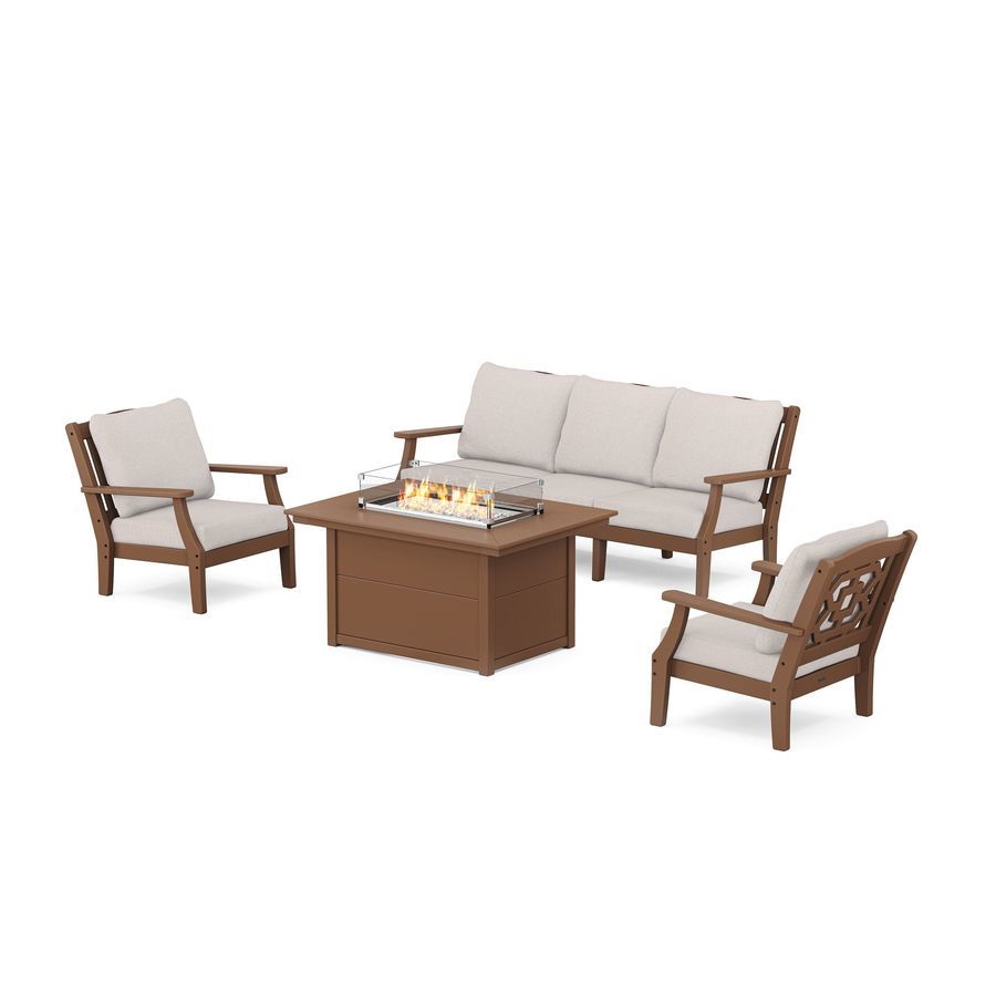 POLYWOOD Chinoiserie Deep Seating Fire Pit Table Set in Teak / Dune Burlap