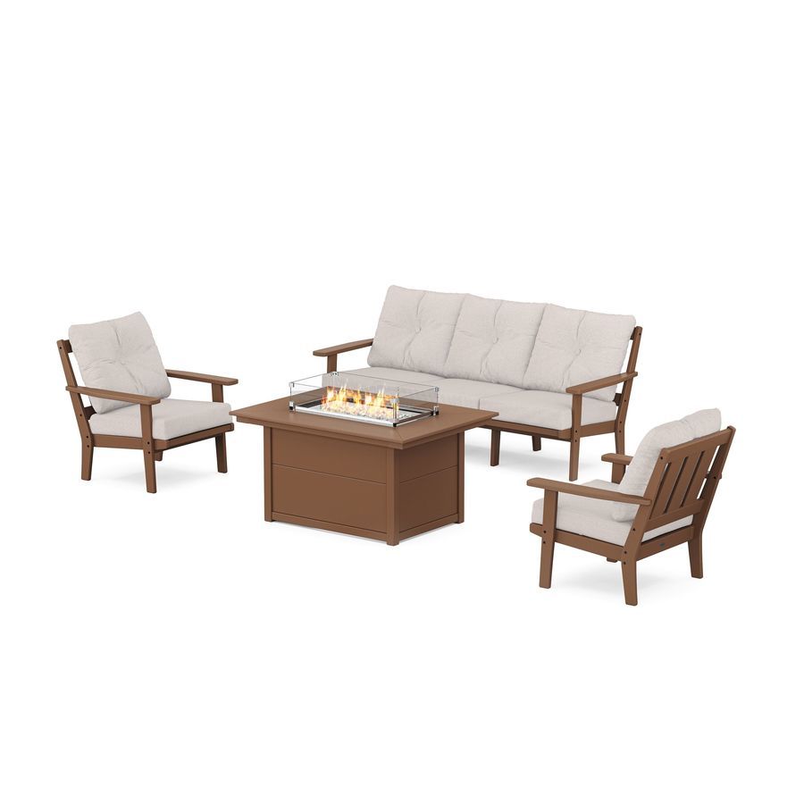 POLYWOOD Oxford Deep Seating Fire Pit Table Set in Teak / Dune Burlap