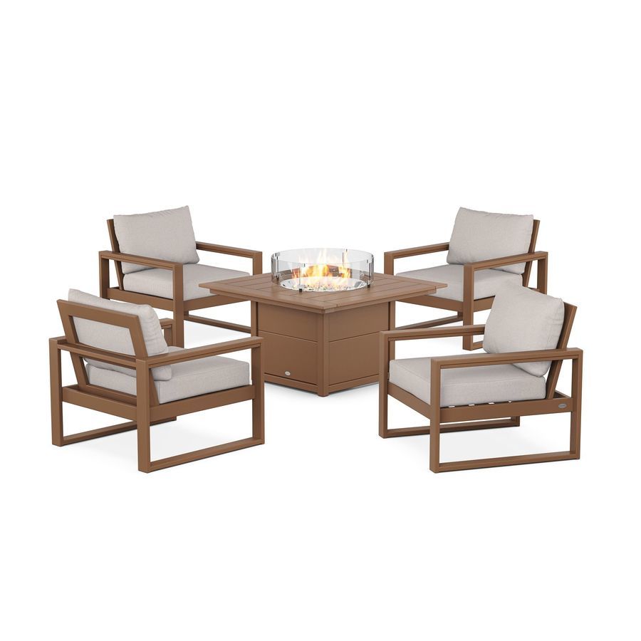 POLYWOOD EDGE Sectional 5-Piece Deep Seating Set with Fire Pit Table in Teak / Dune Burlap