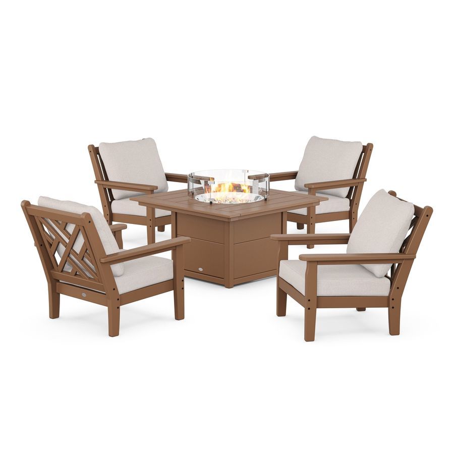 POLYWOOD Chippendale 5-Piece Deep Seating Set with Fire Pit Table in Teak / Dune Burlap