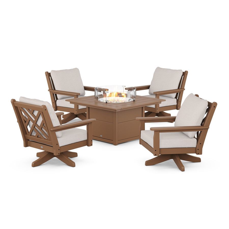 POLYWOOD Chippendale 5-Piece Deep Seating Swivel Conversation Set with Fire Pit Table in Teak / Dune Burlap