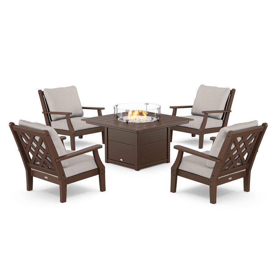 POLYWOOD Wovendale 5-Piece Deep Seating Set with Fire Pit Table in Mahogany / Dune Burlap