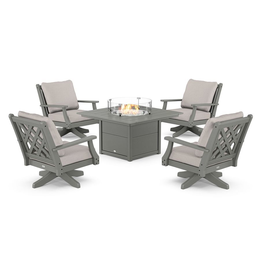 POLYWOOD Wovendale 5-Piece Deep Seating Swivel Conversation Set with Fire Pit Table
