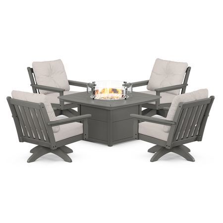 POLYWOOD Vineyard 5-Piece Deep Seating Swivel Conversation Set with Fire Pit Table