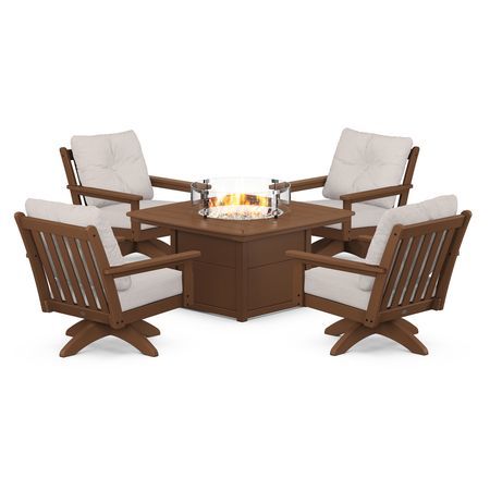 POLYWOOD Vineyard 5-Piece Deep Seating Swivel Conversation Set with Fire Pit Table in Teak / Dune Burlap