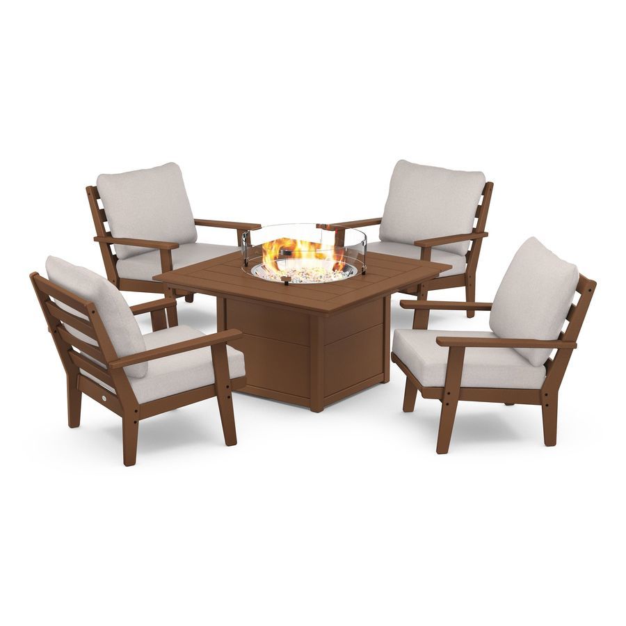 POLYWOOD Grant Park 5-Piece Deep Seating Conversation Set with Fire Pit Table in Teak / Dune Burlap