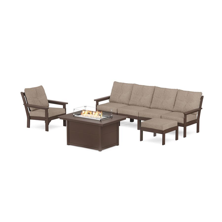 POLYWOOD Vineyard Sectional Lounge and Fire Pit Set in Mahogany / Spiced Burlap