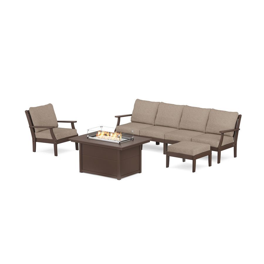 POLYWOOD Braxton Sectional Lounge and Fire Pit Set in Mahogany / Spiced Burlap