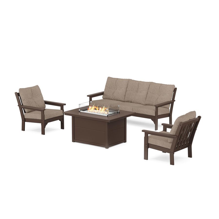 POLYWOOD Vineyard Deep Seating Fire Pit Table Set in Mahogany / Spiced Burlap