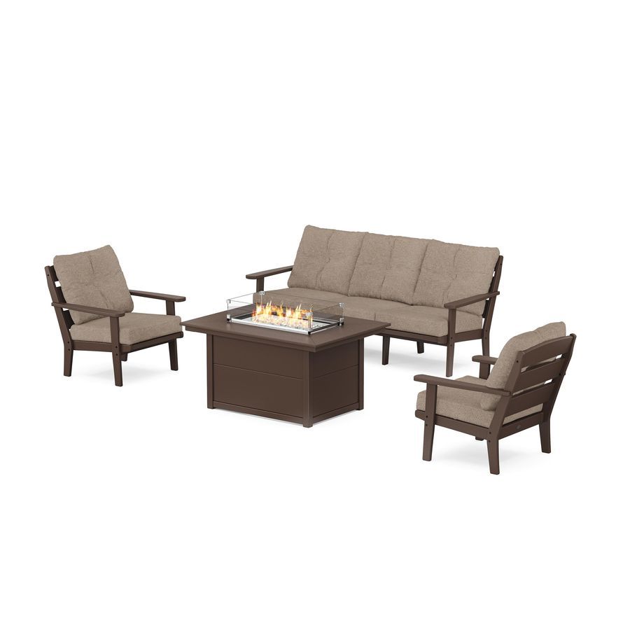 POLYWOOD Lakeside Deep Seating Fire Pit Table Set in Mahogany / Spiced Burlap