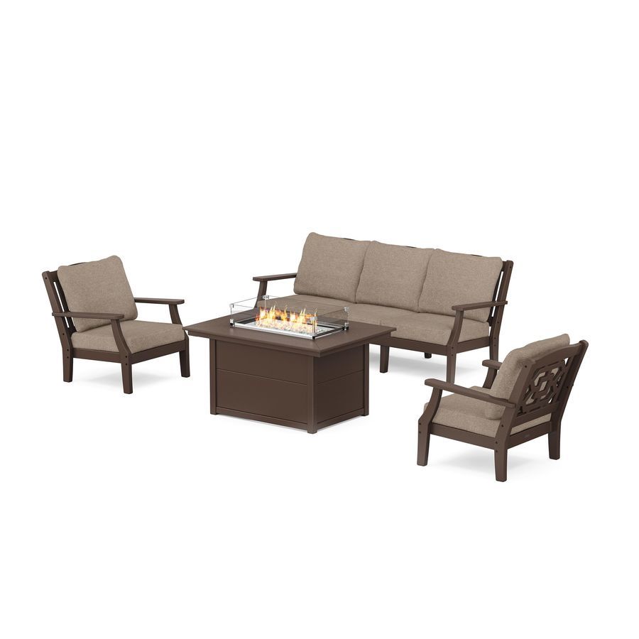 POLYWOOD Chinoiserie Deep Seating Fire Pit Table Set in Mahogany / Spiced Burlap