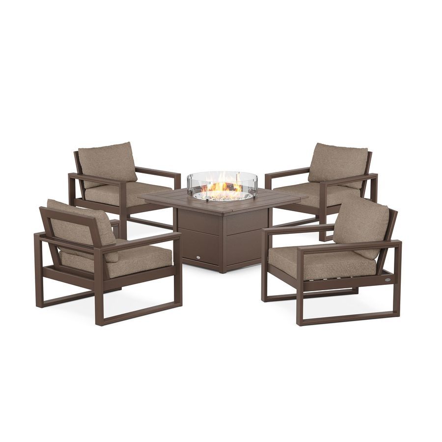 POLYWOOD EDGE Sectional 5-Piece Deep Seating Set with Fire Pit Table in Mahogany / Spiced Burlap
