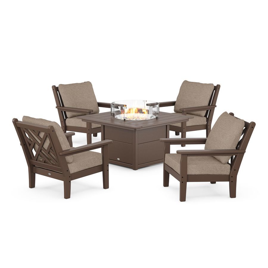 POLYWOOD Chippendale 5-Piece Deep Seating Set with Fire Pit Table in Mahogany / Spiced Burlap