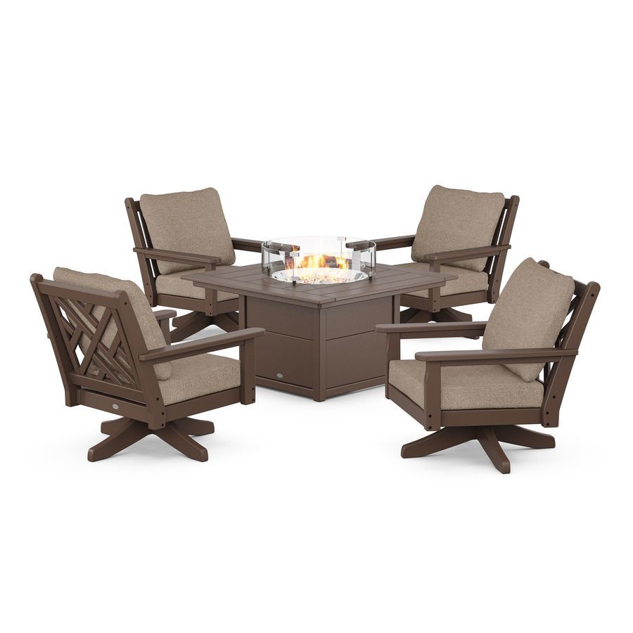 POLYWOOD Chippendale 5-Piece Deep Seating Swivel Conversation Set with Fire Pit Table in Mahogany / Spiced Burlap