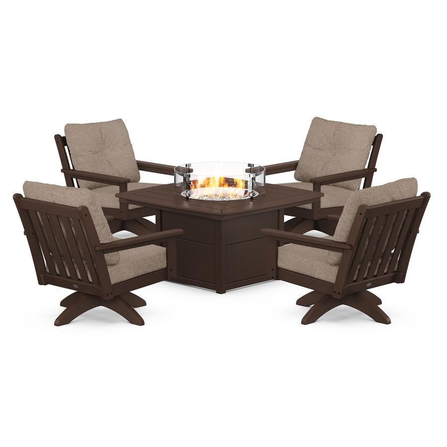 POLYWOOD Vineyard 5-Piece Deep Seating Swivel Conversation Set with Fire Pit Table in Mahogany / Spiced Burlap