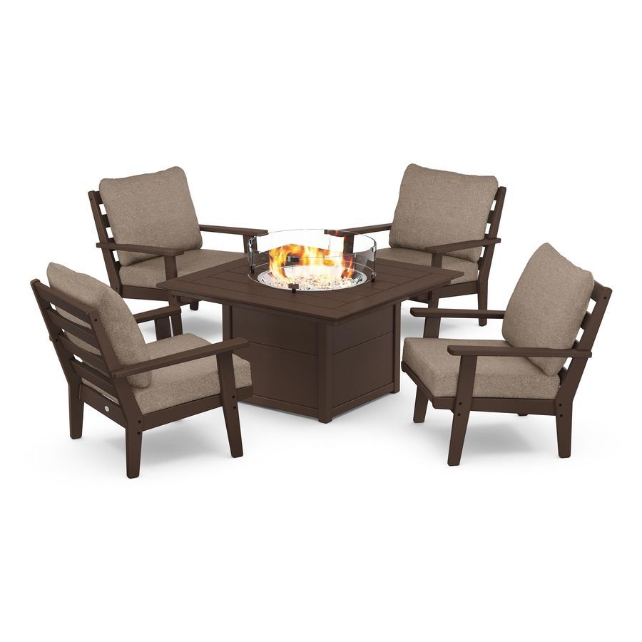 POLYWOOD Grant Park 5-Piece Deep Seating Conversation Set with Fire Pit Table in Mahogany / Spiced Burlap