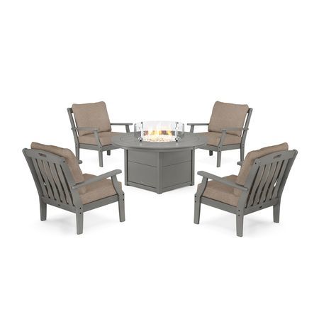 POLYWOOD Yacht Club 5-Piece Deep Seating Set with Round Fire Pit Table in Stepping Stone / Spiced Burlap