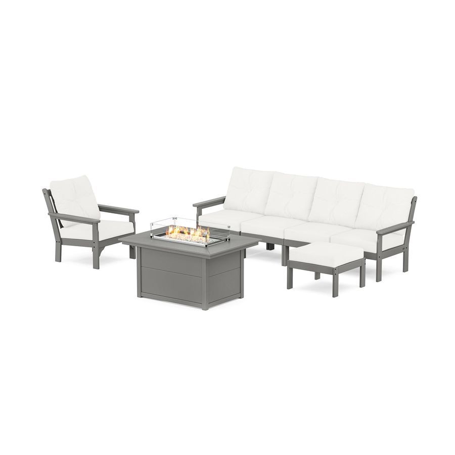 POLYWOOD Vineyard Sectional Lounge and Fire Pit Set in Slate Grey / Natural Linen