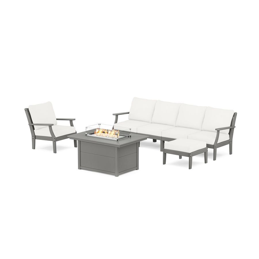 POLYWOOD Braxton Sectional Lounge and Fire Pit Set in Slate Grey / Natural Linen
