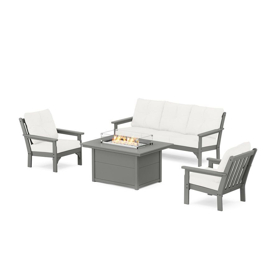 POLYWOOD Vineyard Deep Seating Fire Pit Table Set in Slate Grey / Natural Linen