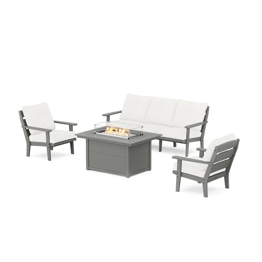 POLYWOOD Lakeside Deep Seating Fire Pit Table Set in Slate Grey / Natural Linen