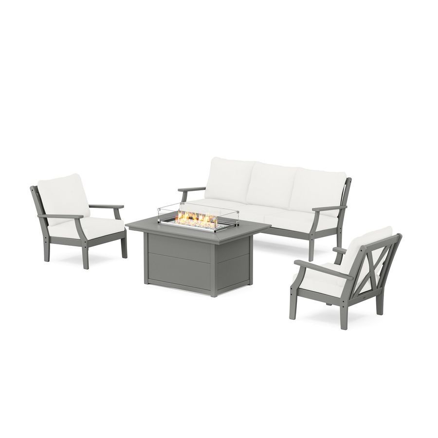 POLYWOOD Braxton Deep Seating Fire Pit Table Set in Slate Grey / Natural Linen