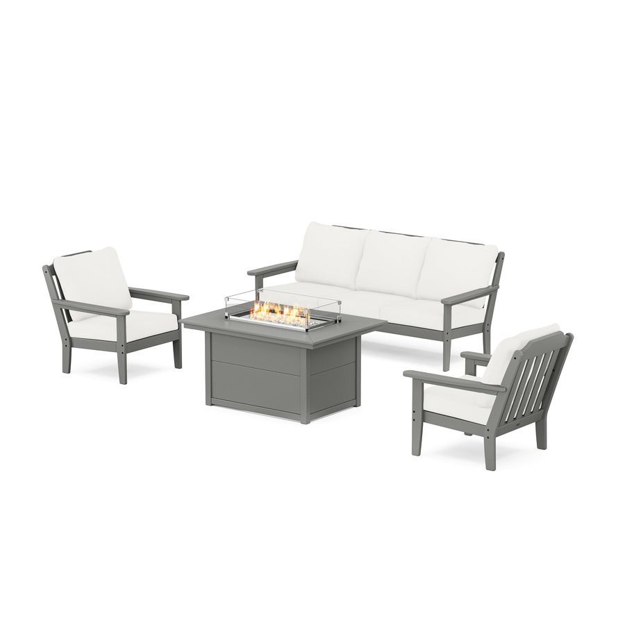 POLYWOOD Country Living Deep Seating Fire Pit Table Set in Slate Grey / Natural Linen