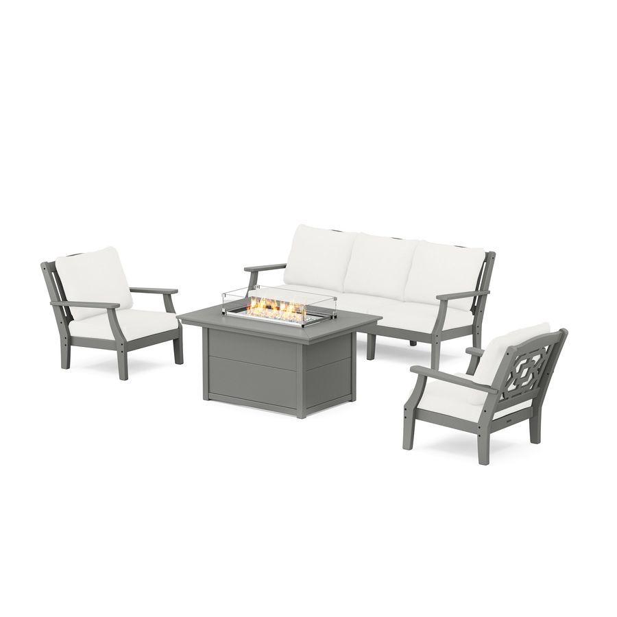 POLYWOOD Chinoiserie Deep Seating Fire Pit Table Set in Slate Grey / Natural Linen
