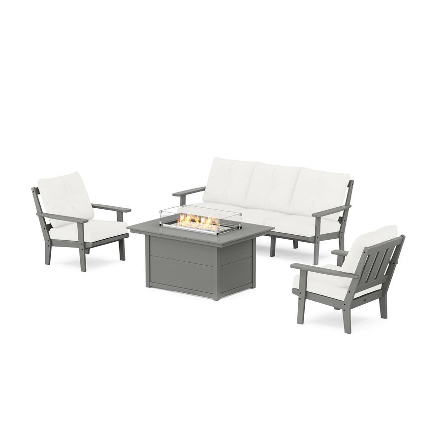 POLYWOOD Oxford Deep Seating Fire Pit Table Set in Slate Grey / Natural Linen