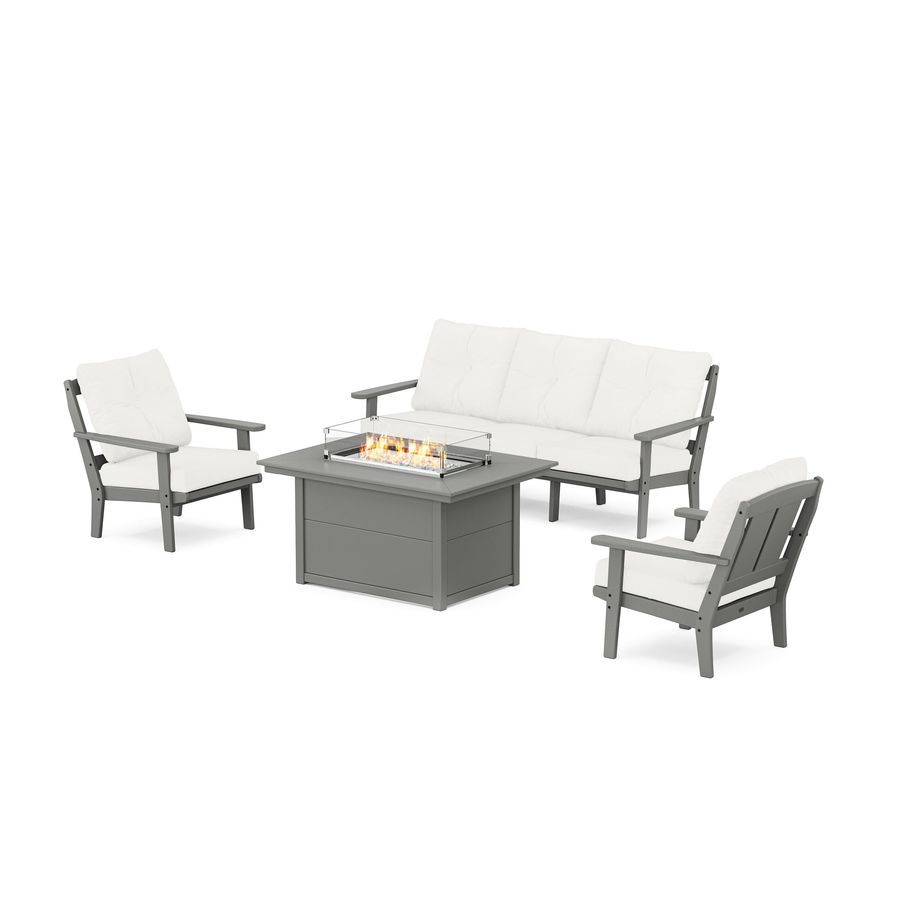 POLYWOOD Mission Deep Seating Fire Pit Table Set in Slate Grey / Natural Linen