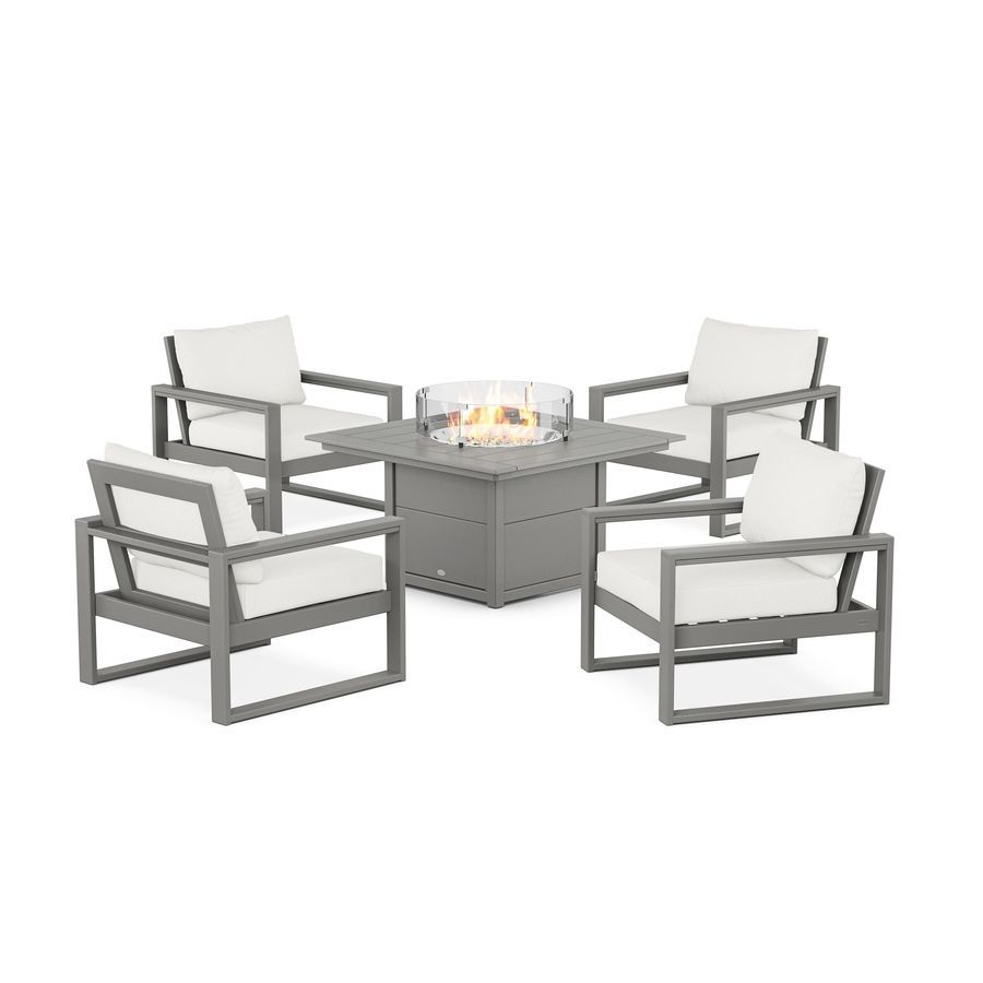 POLYWOOD EDGE Sectional 5-Piece Deep Seating Set with Fire Pit Table in Slate Grey / Natural Linen