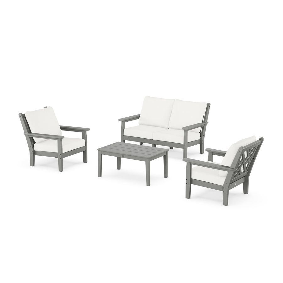 POLYWOOD Chippendale 4-Piece Deep Seating Set with Loveseat in Slate Grey / Natural Linen