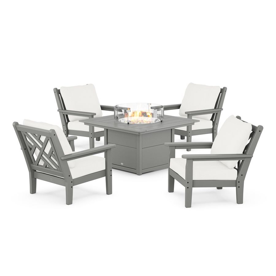POLYWOOD Chippendale 5-Piece Deep Seating Set with Fire Pit Table in Slate Grey / Natural Linen