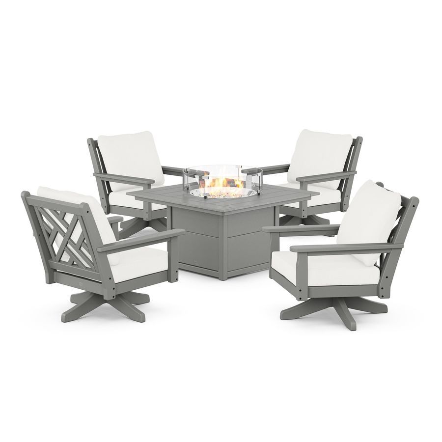 POLYWOOD Chippendale 5-Piece Deep Seating Swivel Conversation Set with Fire Pit Table in Slate Grey / Natural Linen