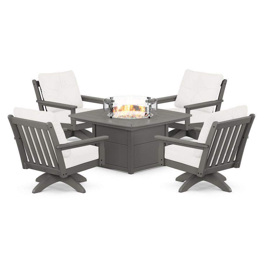 POLYWOOD Vineyard 5-Piece Deep Seating Swivel Conversation Set with Fire Pit Table in Slate Grey / Natural Linen