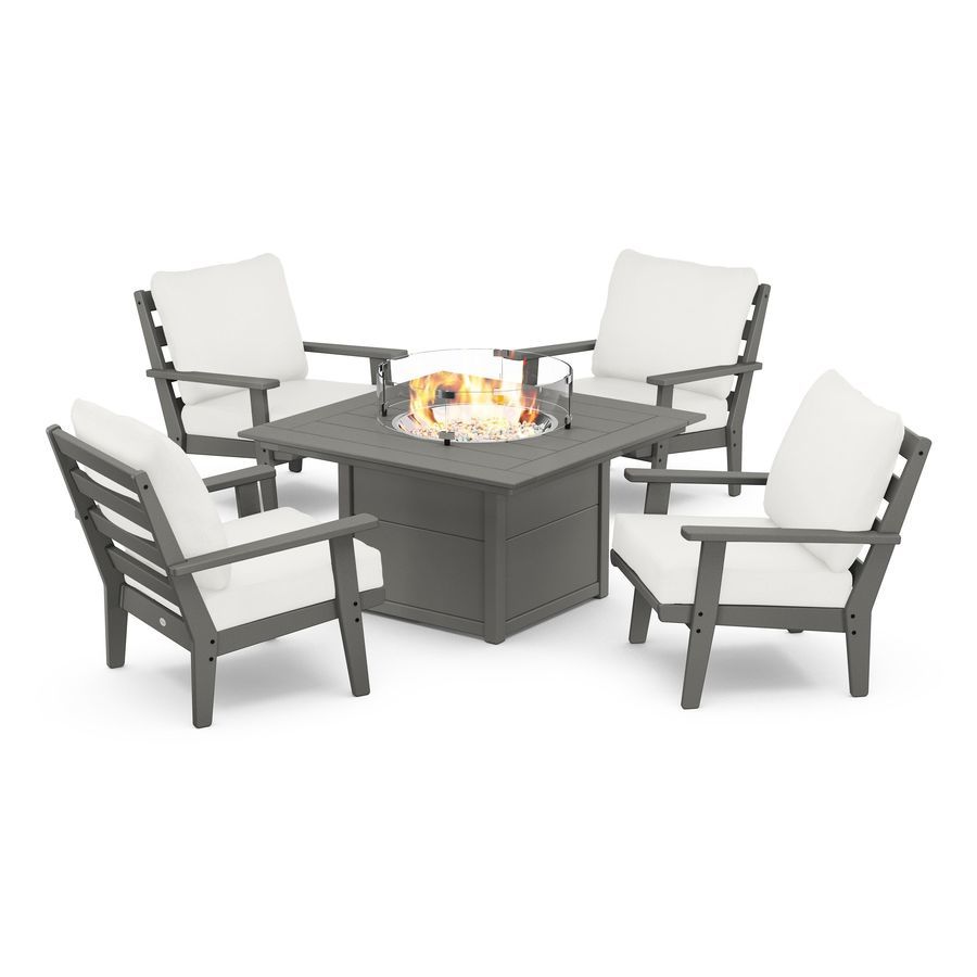 POLYWOOD Grant Park 5-Piece Deep Seating Conversation Set with Fire Pit Table in Slate Grey / Natural Linen