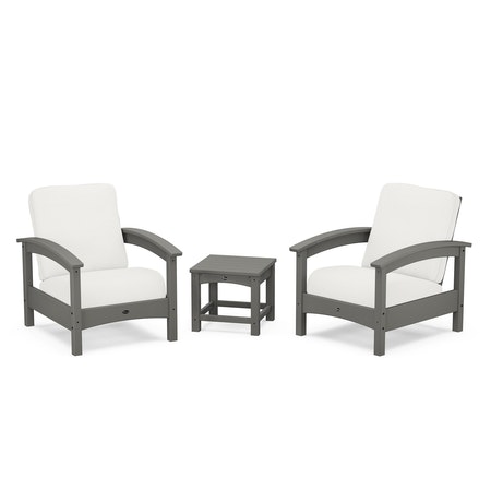 POLYWOOD Rockport Club 3-Piece Deep Seating Conversation Set in Stepping Stone / Natural Linen