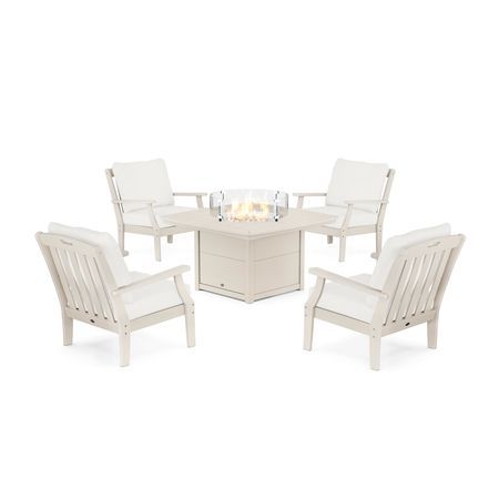 POLYWOOD Yacht Club 5-Piece Deep Seating Set with Fire Pit Table in Sand Castle / Natural Linen