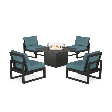 POLYWOOD Eastport Modular 5-Piece Deep Seating Set with Square Fire Pit Table in Charcoal Black / Ocean Teal