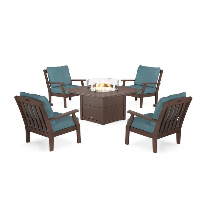 POLYWOOD Yacht Club 5-Piece Deep Seating Set with Square Fire Pit Table